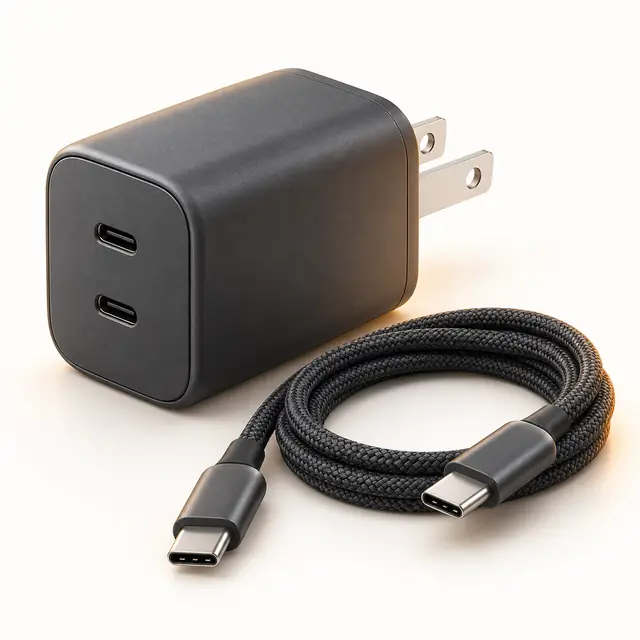 USB-C wall charger beside a coiled braided charging cable
