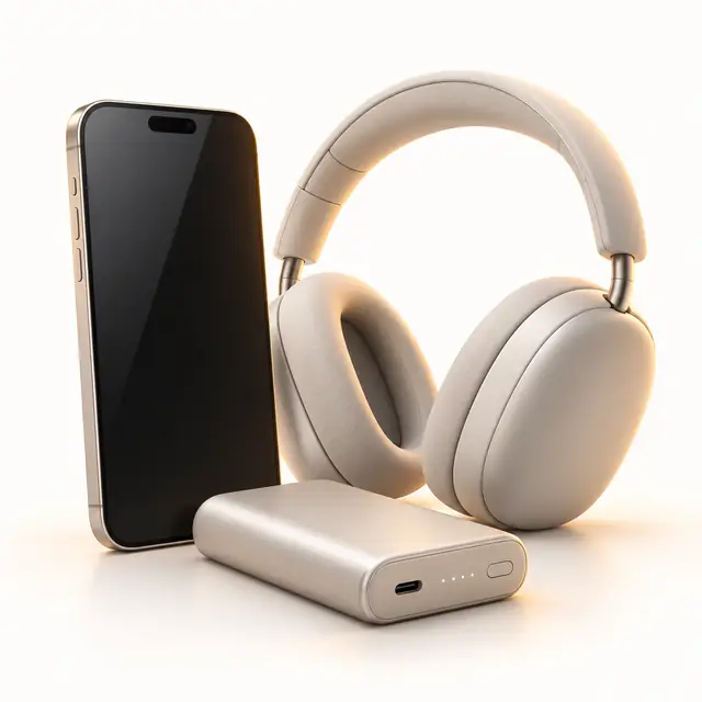 Smartphone, headphones and portable charger on a warm off-white surface