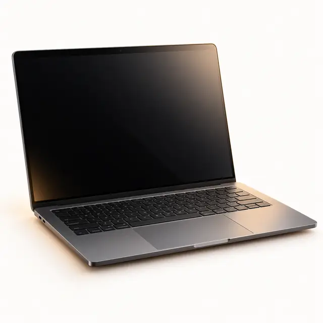 Open graphite laptop with a slim chassis and dark display