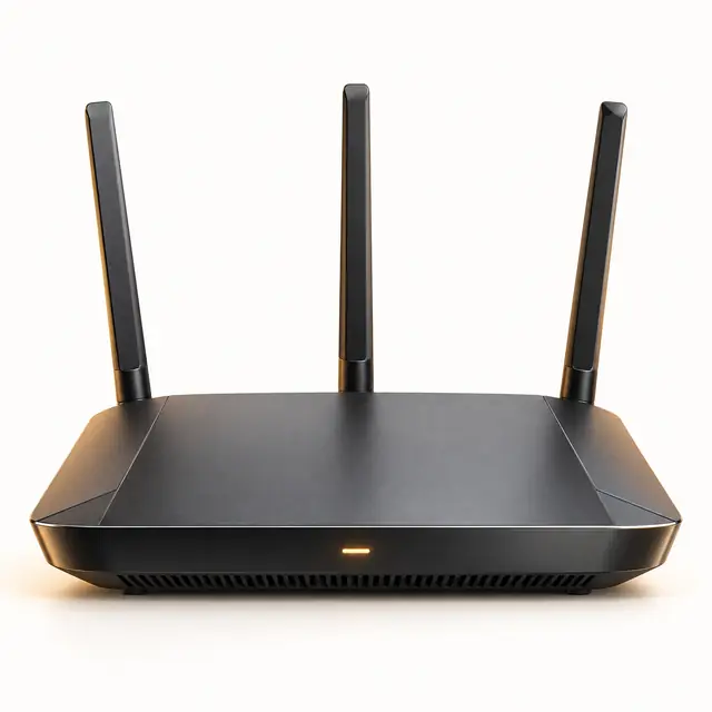 Graphite WiFi router with three antennas and a small indicator light