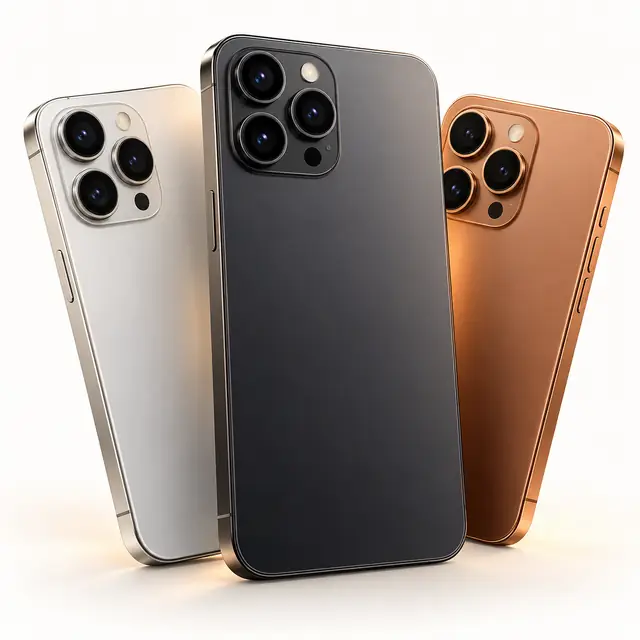 Three metal smartphones fanned out to show their cameras and finishes