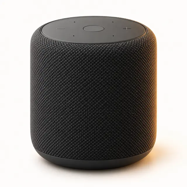 Compact woven smart speaker with controls on its top